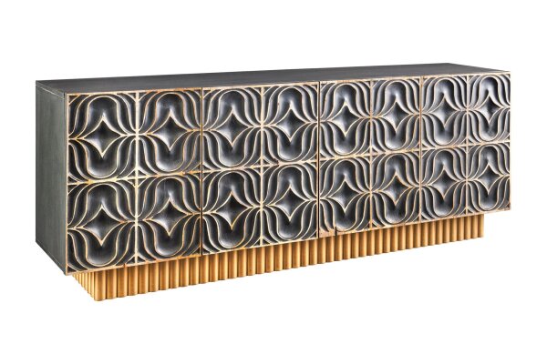 Buffet grand 177 cm ornements 3D bois gris or bleu