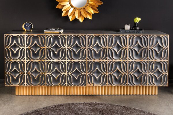 Buffet grand 177 cm ornements 3D bois gris or bleu