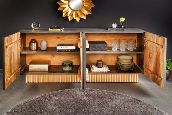 Buffet grand 177 cm ornements 3D bois gris or bleu