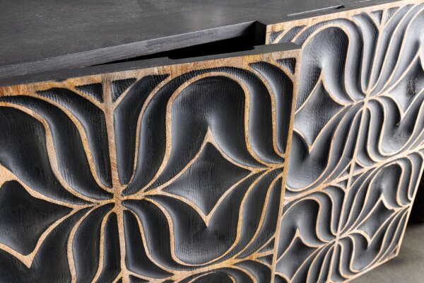 Buffet grand 177 cm ornements 3D bois gris or bleu