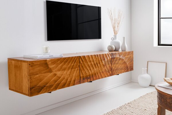 Meuble TV suspendu en bois de manguier 160 cm fait main design moderne
