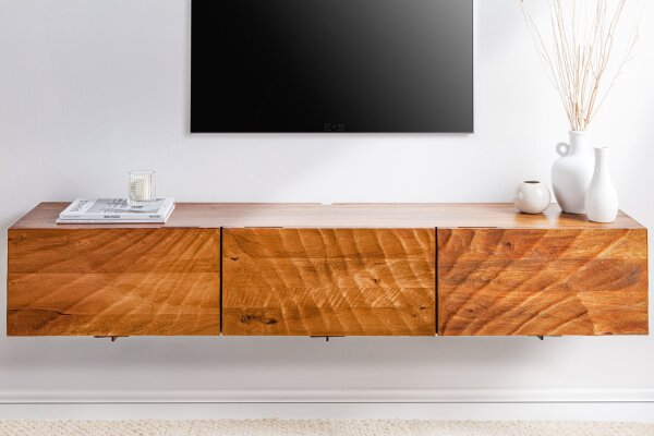 Meuble TV suspendu en bois de manguier 160 cm fait main design moderne