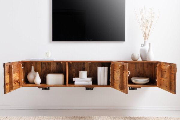 Meuble TV suspendu en bois de manguier 160 cm fait main design moderne