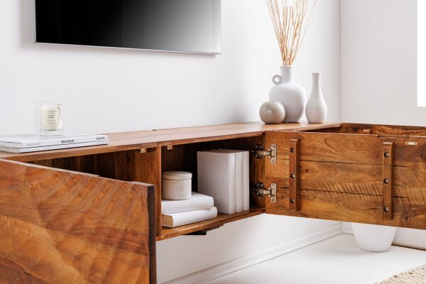 Meuble TV suspendu en bois de manguier 160 cm fait main design moderne