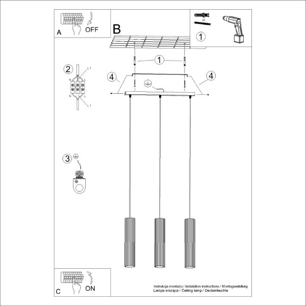 Lampe à suspendre en métal à 3 flammes GU10 L : 45 cm en vert Moderne