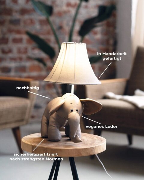 Lampe de table LED chambre denfant éléphant 48 cm gris vegan