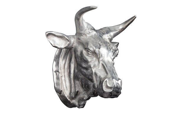Décoration murale Tête de taureau en métal argenté L : 65 cm Trophée de chasse
