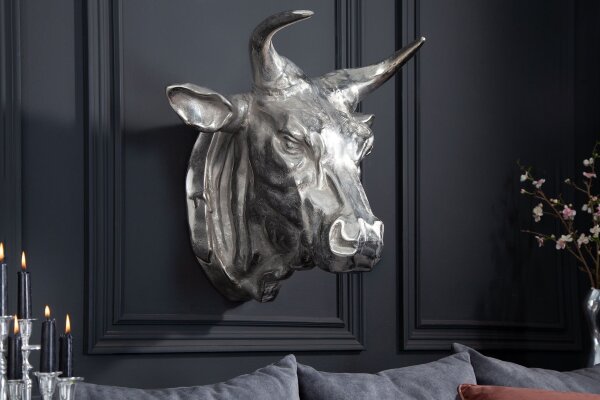 Décoration murale Tête de taureau en métal argenté L : 65 cm Trophée de chasse