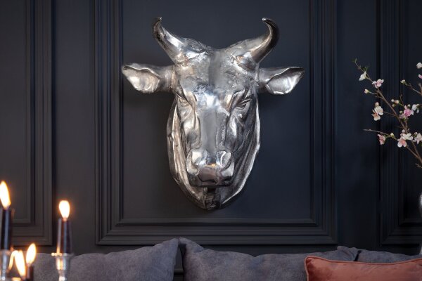 Décoration murale Tête de taureau en métal argenté L : 65 cm Trophée de chasse