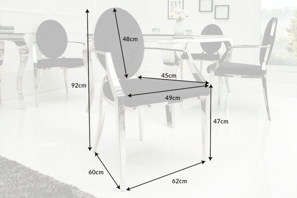 Chaise de salle à manger velours acier inoxydable noir argenté avec accoudoirs