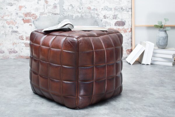 Tabouret Cuir Marron L : 40 cm Cube avec piqûres décoratives