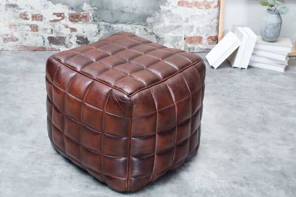 Tabouret Cuir Marron L : 40 cm Cube avec piqûres décoratives