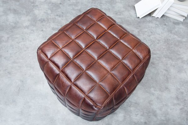 Tabouret Cuir Marron L : 40 cm Cube avec piqûres décoratives
