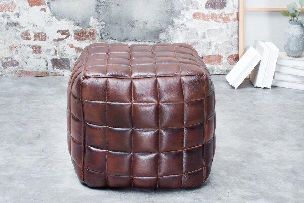 Tabouret Cuir Marron L : 40 cm Cube avec piqûres décoratives