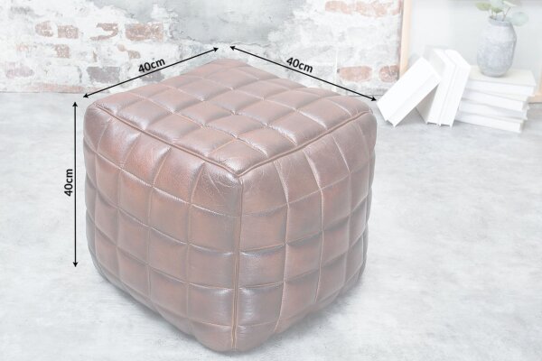 Tabouret Cuir Marron L : 40 cm Cube avec piqûres décoratives