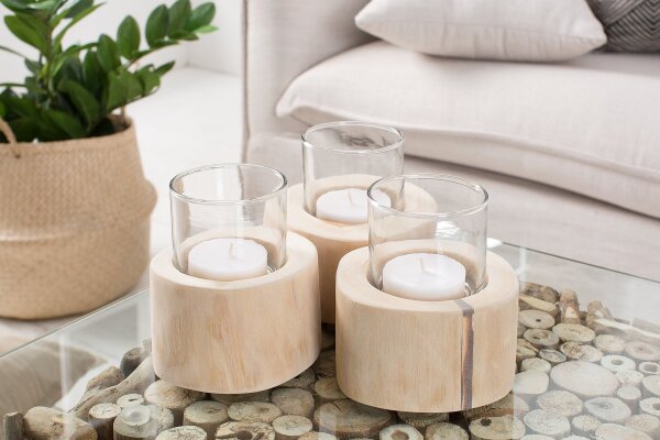 Set de 3 bougies chauffe-plat en teck, verre unique pour lextérieur et lintérieur