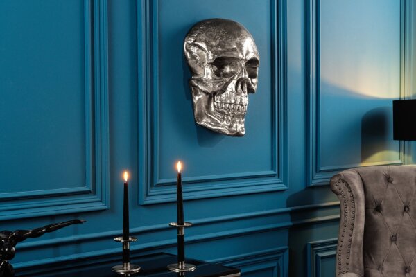 Statue décorative murale Crâne H : 40 cm en métal argenté