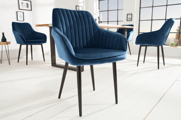Chaise de salle à manger velours métal bleu noir avec accoudoirs