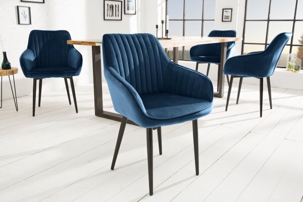 Chaise de salle à manger velours métal bleu noir avec accoudoirs