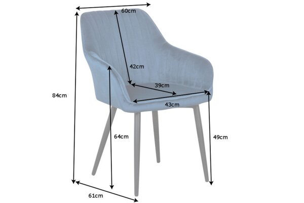 Chaise de salle à manger velours métal bleu noir avec accoudoirs