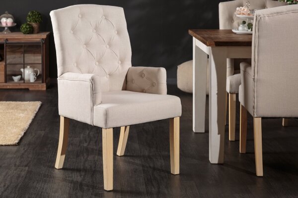 Chaise de salle à manger Beige Tissu Bois Chesterfield avec accoudoirs