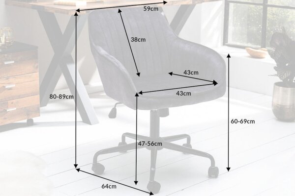Chaise de bureau velours métal gris noir réglable en hauteur