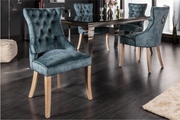 Chaise de salle à manger velours bois en pétrole naturel Chesterfield