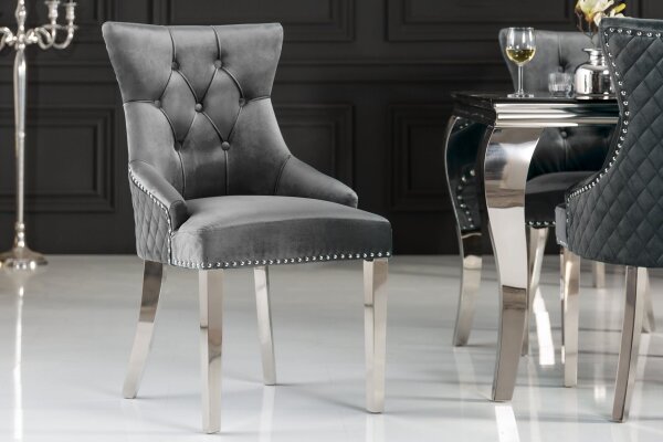 Chaise de salle à manger Gris Argent en velours Acier inoxydable Chesterfield
