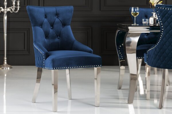 Chaise de salle à manger velours acier inoxydable Chesterfield bleu argenté