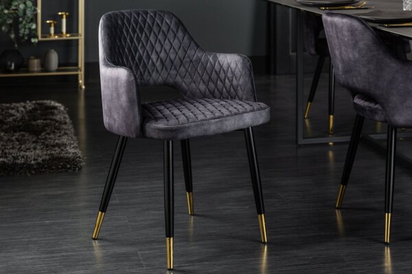 Chaise de salle à manger Revêtement en velours gris noir or avec accoudoirs