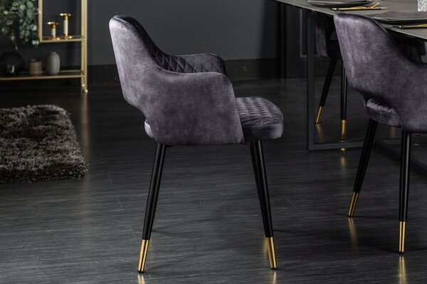 Chaise de salle à manger Revêtement en velours gris noir or avec accoudoirs