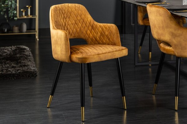 Chaise de salle à manger en velours jaune moutarde avec accoudoirs design rétro