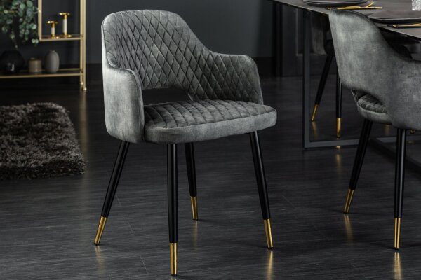 Chaise de salle à manger en velours vert/gris noir/or avec accoudoirs