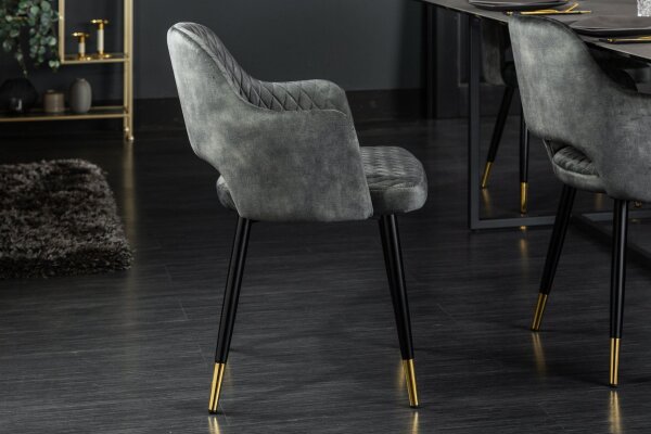 Chaise de salle à manger en velours vert/gris noir/or avec accoudoirs