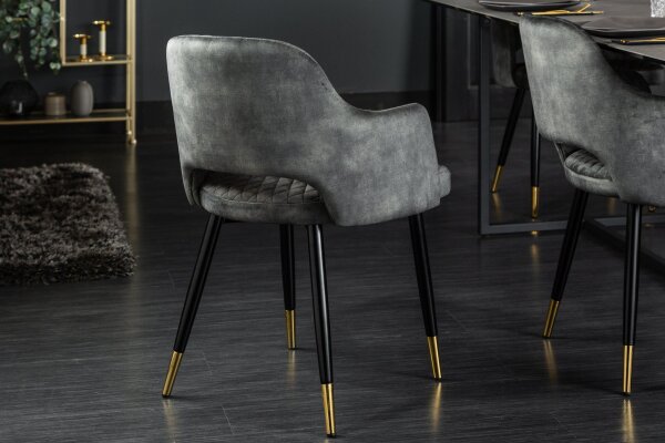Chaise de salle à manger en velours vert/gris noir/or avec accoudoirs
