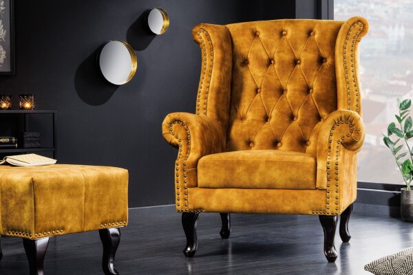 Fauteuil à oreilles Chesterfield velours bois jaune marron L : 85 cm RODRA
