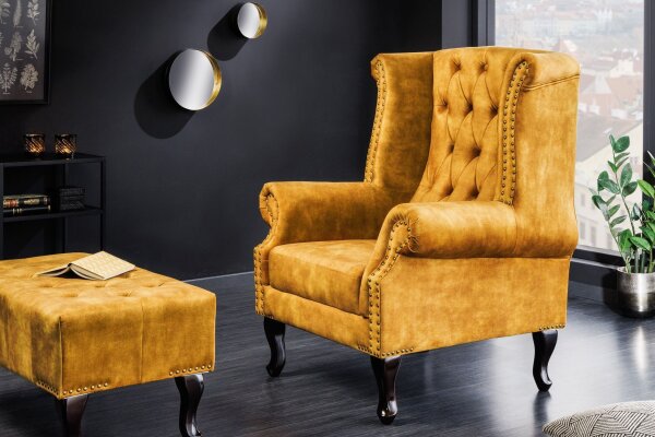 Fauteuil à oreilles Chesterfield velours bois jaune marron L : 85 cm RODRA