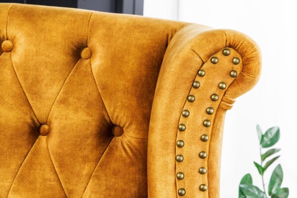 Fauteuil à oreilles Chesterfield velours bois jaune marron L : 85 cm RODRA