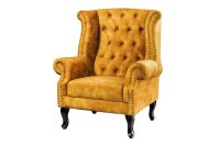 Fauteuil à oreilles Chesterfield velours bois...