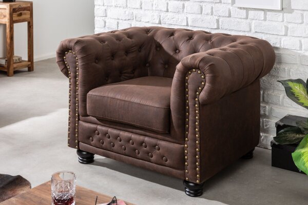 Fauteuil Chesterfield brun antique L : 110 cm en tissu bois