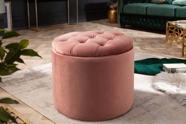 Tabouret en velours avec espace de rangement Rose Ø 50 cm H : 43 cm Chesterfield
