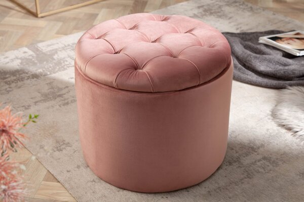 Tabouret en velours avec espace de rangement Rose Ø 50 cm H : 43 cm Chesterfield