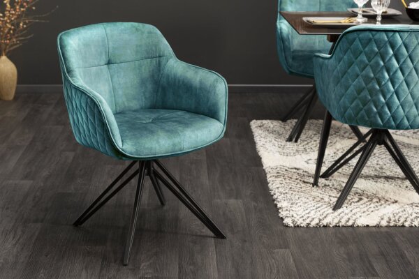 Chaise de bureau sans roulettes velours métal pétrole noir pivotant
