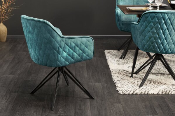 Chaise de bureau sans roulettes velours métal pétrole noir pivotant