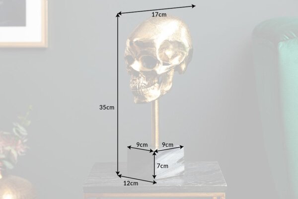 Statue décorative Tête de mort en or noir H : 35 cm Métal Marbre