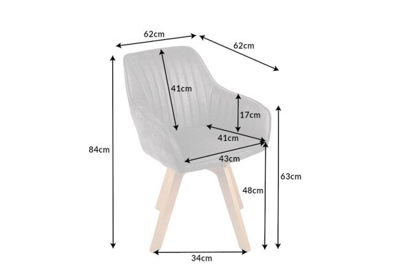 Chaise pivotante Gris Naturel sans roulettes Rétro avec accoudoirs Velours Bois