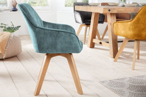Chaise de bureau pivotante velours bois pétrole nature design rétro