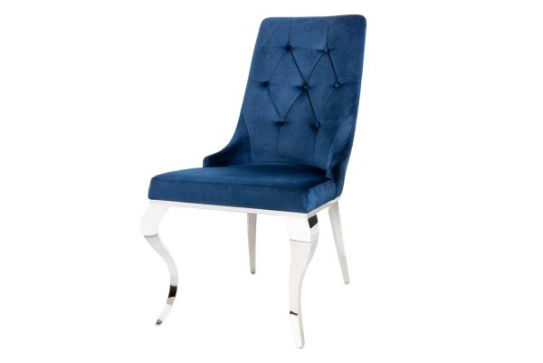 Chaise de salle à manger bleu argent baroque en velours métal avec poignée