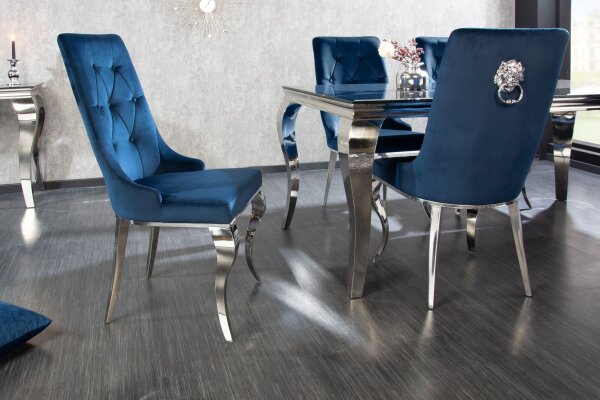 Chaise de salle à manger bleu argent baroque en velours métal avec poignée