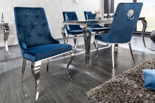 Chaise de salle à manger bleu argent baroque en velours métal avec poignée